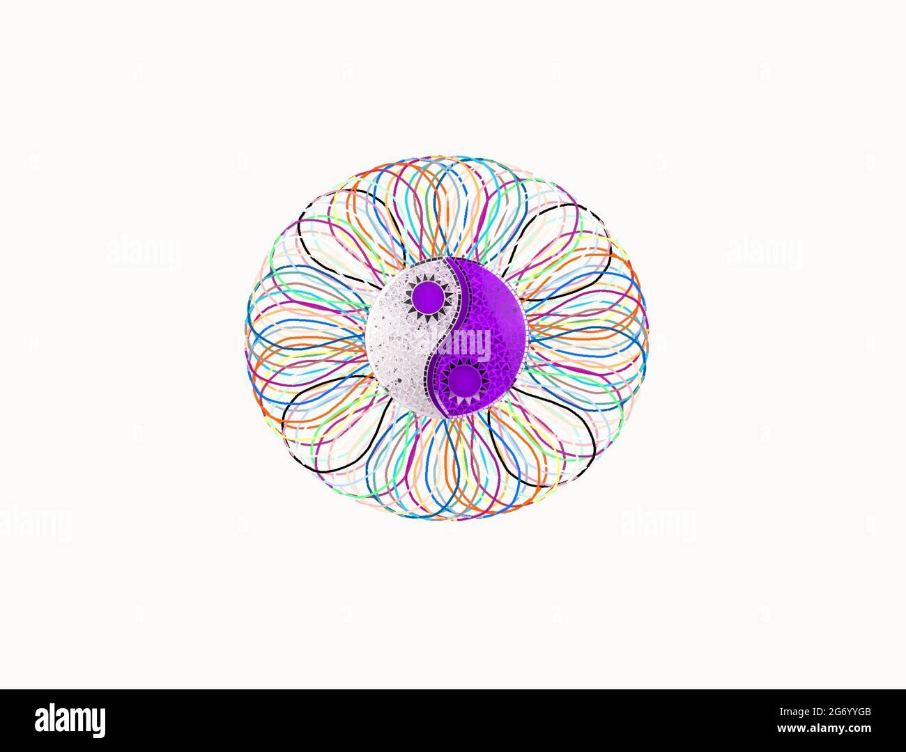 Spiritueller Hintergrund für Meditation mit heiligen Symbolen und farbenfrohem Mandala isoliert in Farbe Hintergrund Stockfoto