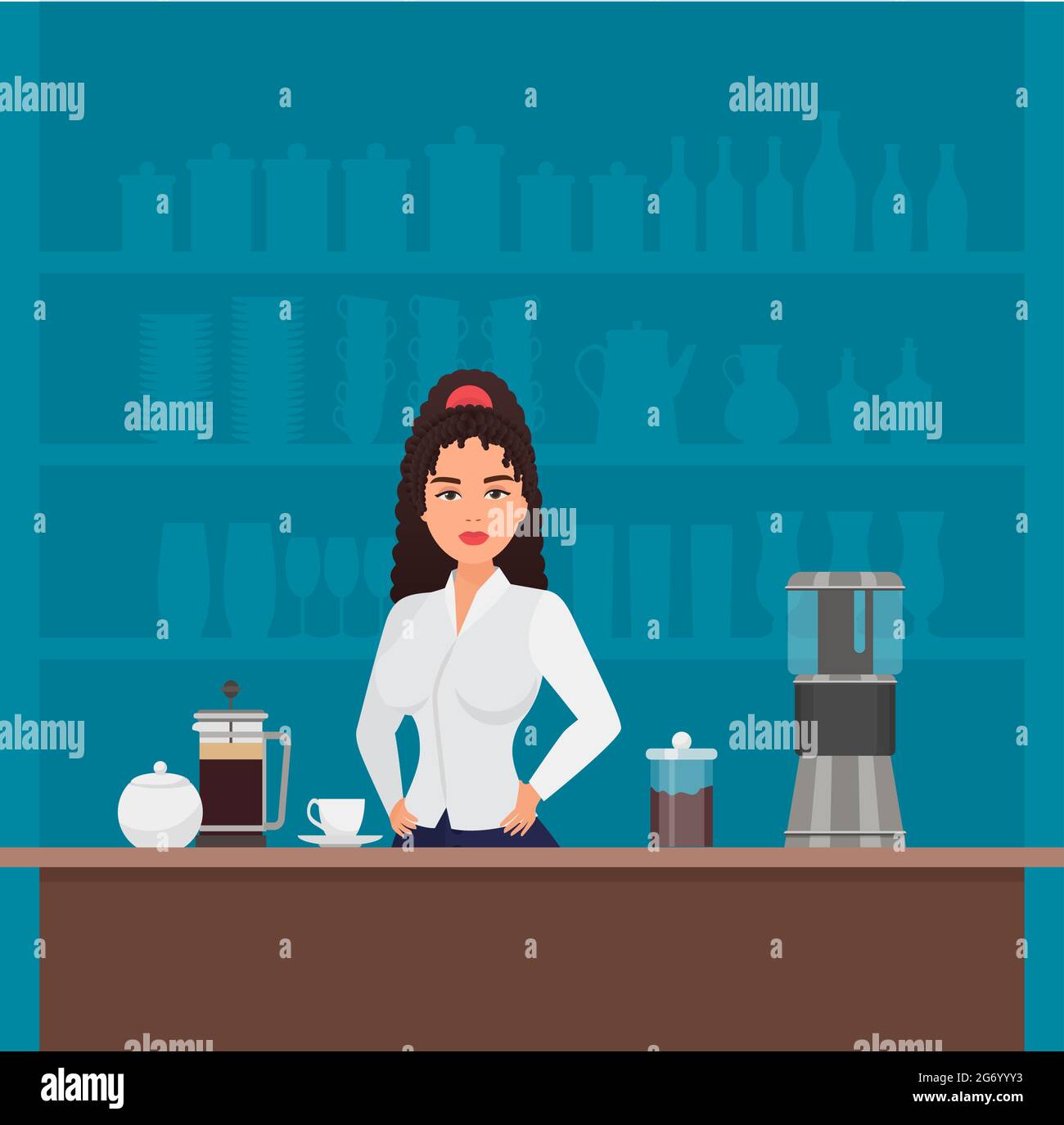 Barista Mädchen in Café Café Innenraum Vektor Illustration. Cartoon schöne junge Frau Figur am Tisch mit Kaffeemaschine und Tassen stehen, arbeiten in der modernen Bar Cafeteria Hintergrund Stock Vektor