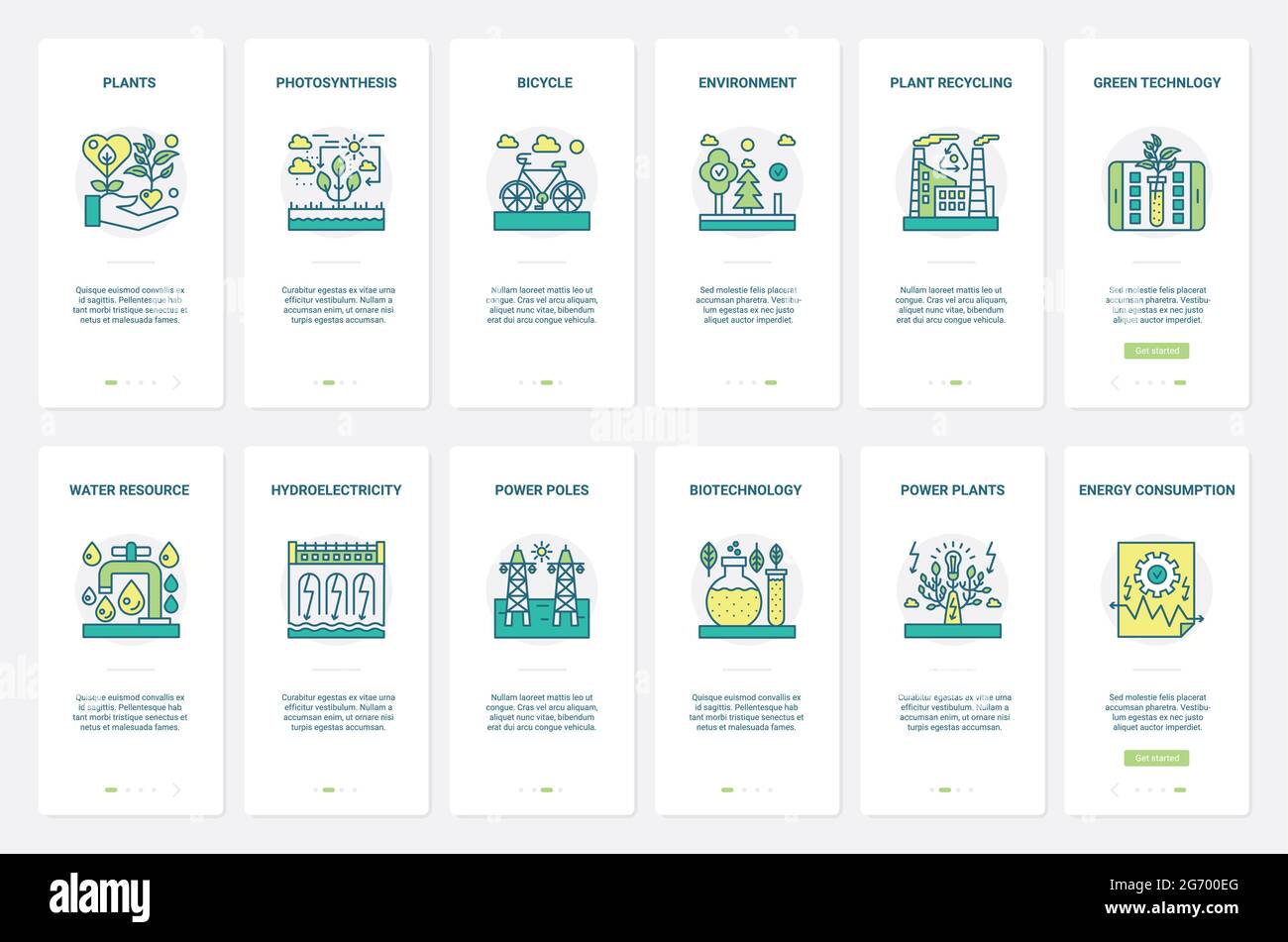 Eco Transport, Ökologie Umwelt grüne Technologie Vektor Illustration. UX, UI Onboarding mobile App Seite Bildschirm mit Line Science erneuerbare Biotechnologie, Wasserkraft, Recycling-Anlage gesetzt Stock Vektor