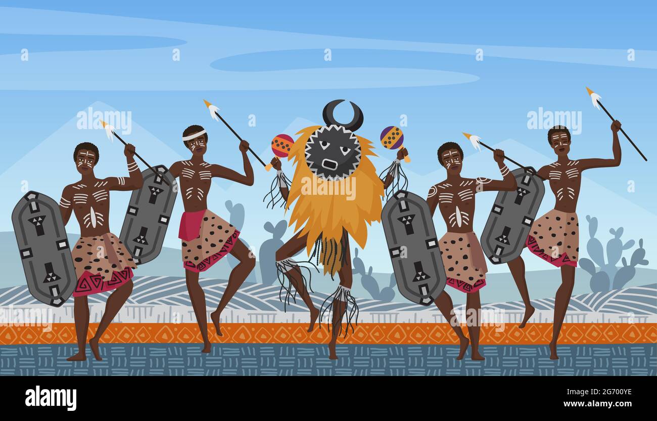 Afrikanische Menschen tanzen auf traditionellen ethnischen Muster Ornament in Afrika Vektor-Illustration. Cartoon Aborigine Krieger und Schamanen Stammestänzer Charaktere tanzen ethnische native Tänze Hintergrund Stock Vektor