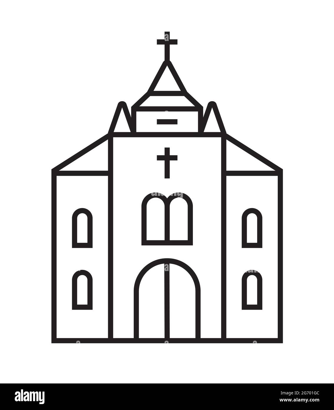 Katholische Kirche Ikone Vektor im Linienstil. Das gotische Kirchenzeichen. Das Christentum ist eine einfache Illustration. Die christliche Organisation ist ein Symbol. Stock Vektor