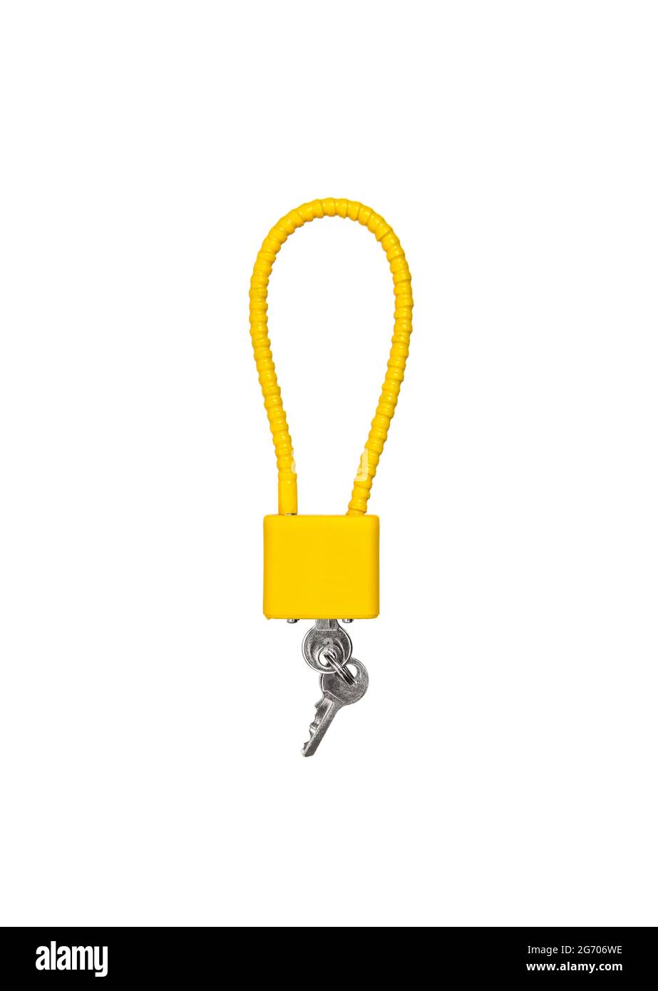 Spezielles Schloss für Waffen, das die Möglichkeit eines Schusses blockiert. Gun Lock Isolate auf weißem Hintergrund. Stockfoto