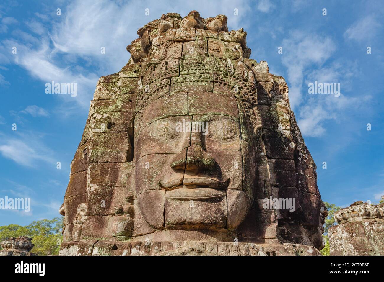 Riesige Gesichter auf dem Prasat Bayon Tempel, Angkor Thom, Angkor, Provinz Siem Reap, Kambodscha, Asien Stockfoto