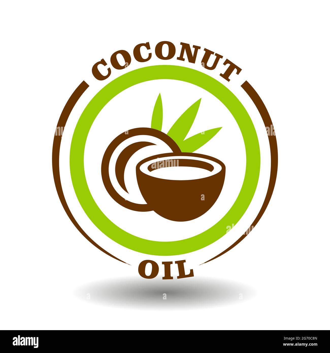 Einfaches Kreislogo Kokosöl mit runder halbgeschnittener Nussschale und grünen Palmenblättern Symbol für die Kennzeichnung Produkt enthalten natürliche Bio-Kokosnuss m Stock Vektor