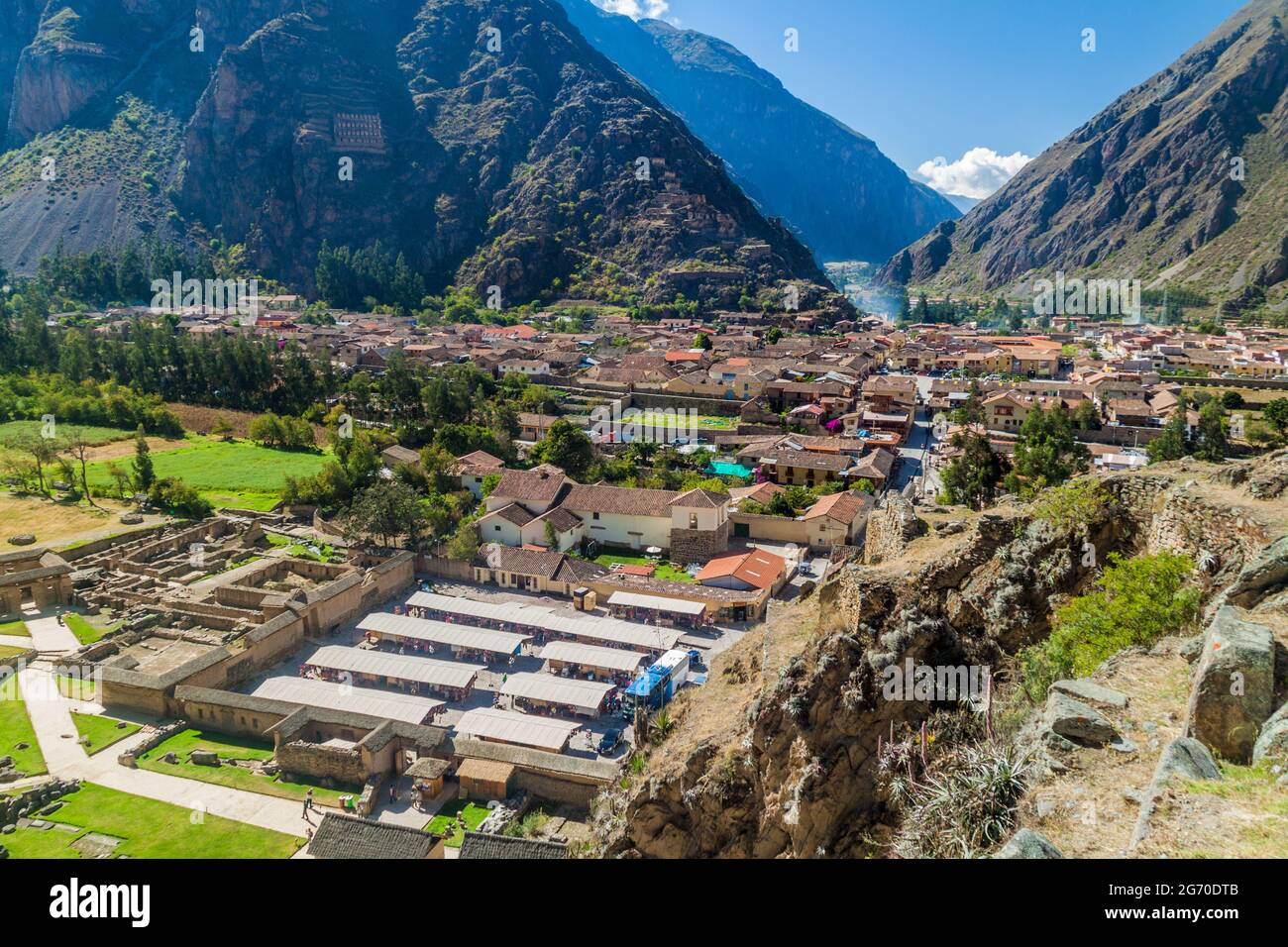 Luftaufnahme von Ollantaytambo, Heiliges Tal der Inkas, Peru Stockfoto
