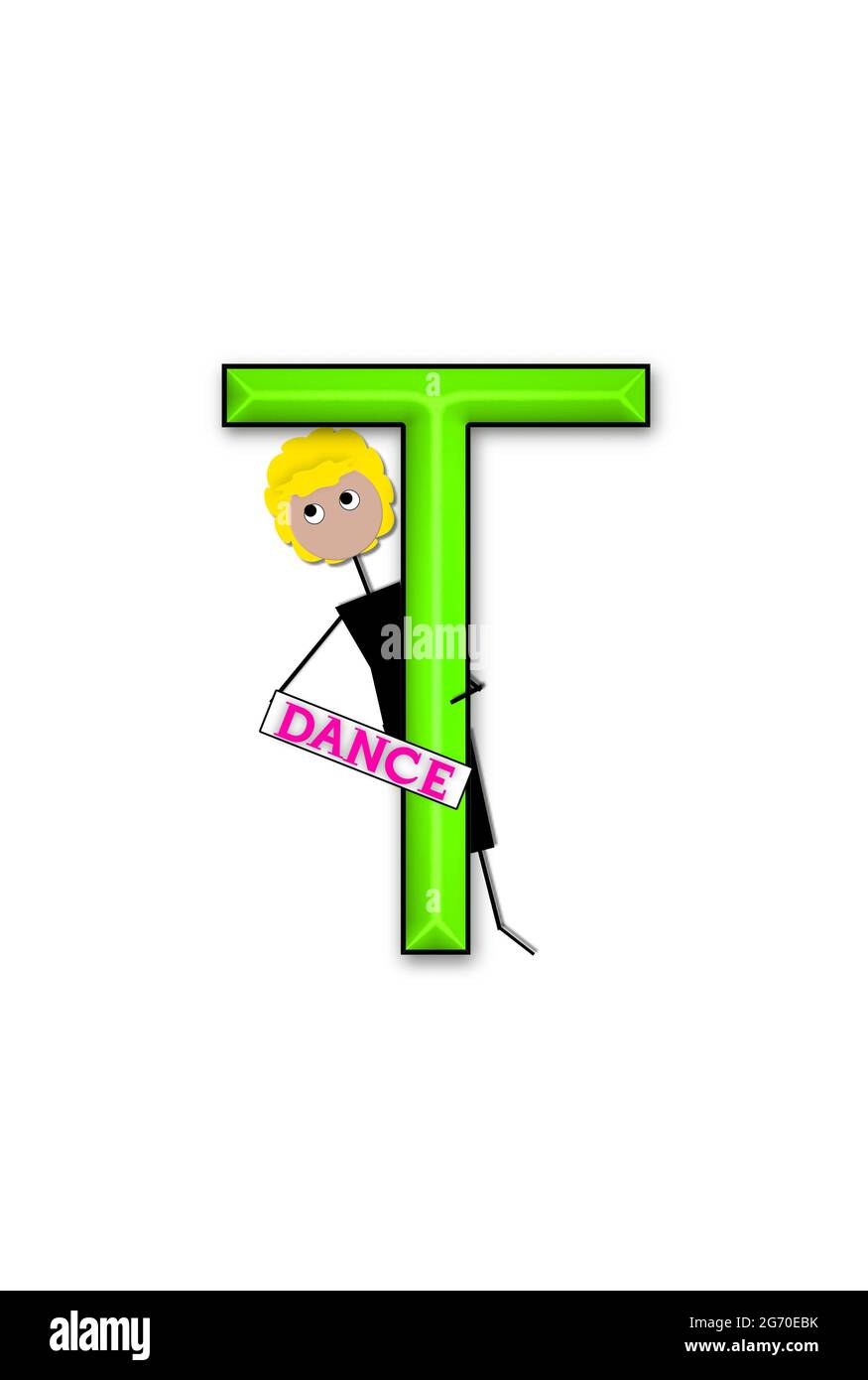 Der Buchstabe T Im Alphabet Set Dance Kids Ist Schwarz Umrandet Kind Sitzt Oder Steht Mit Einem Schild Das Tanz Sagt Stockfotografie Alamy