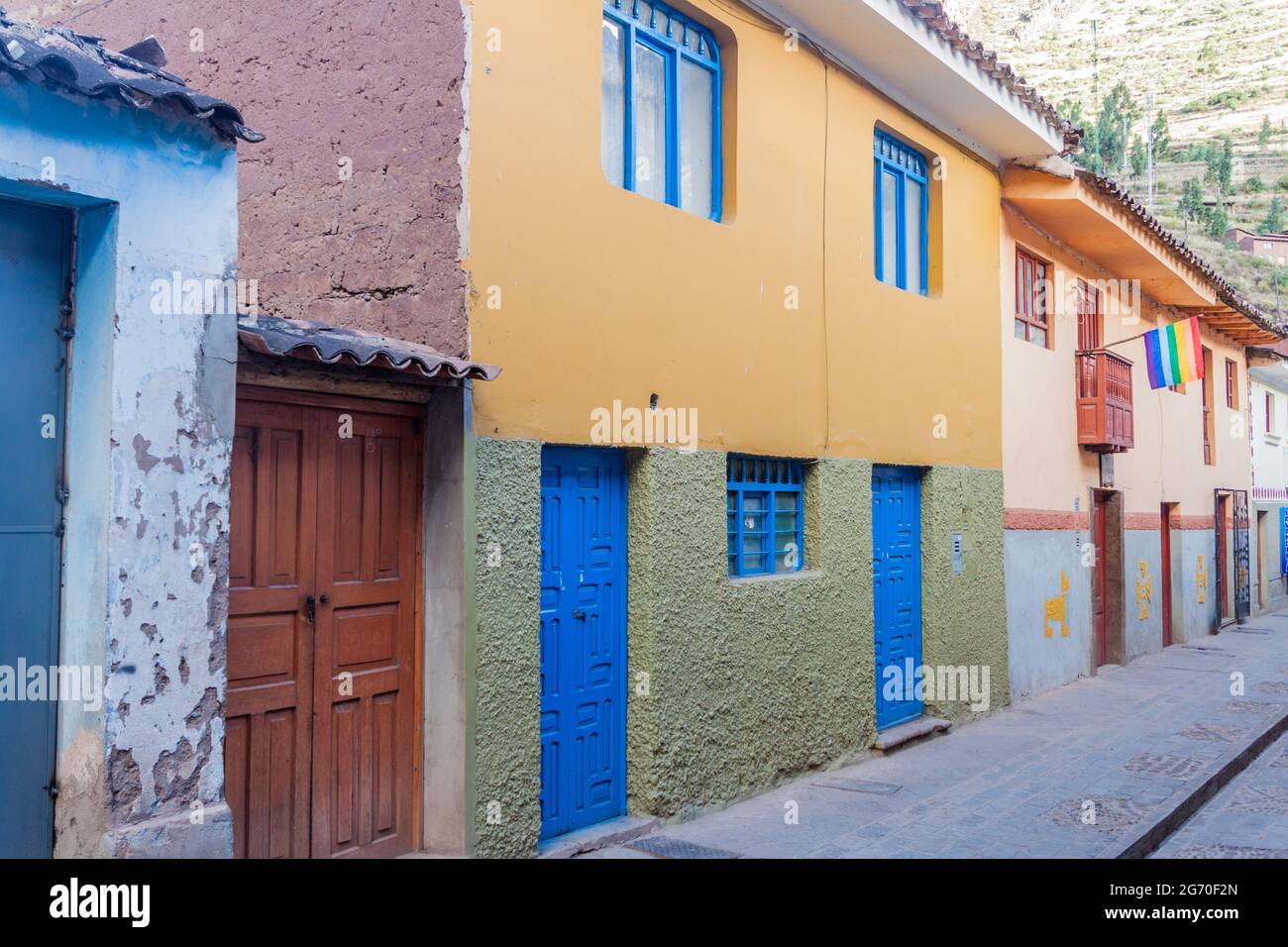 Straße im Dorf Pisac, Heiliges Tal der Inkas, Peru. Stockfoto