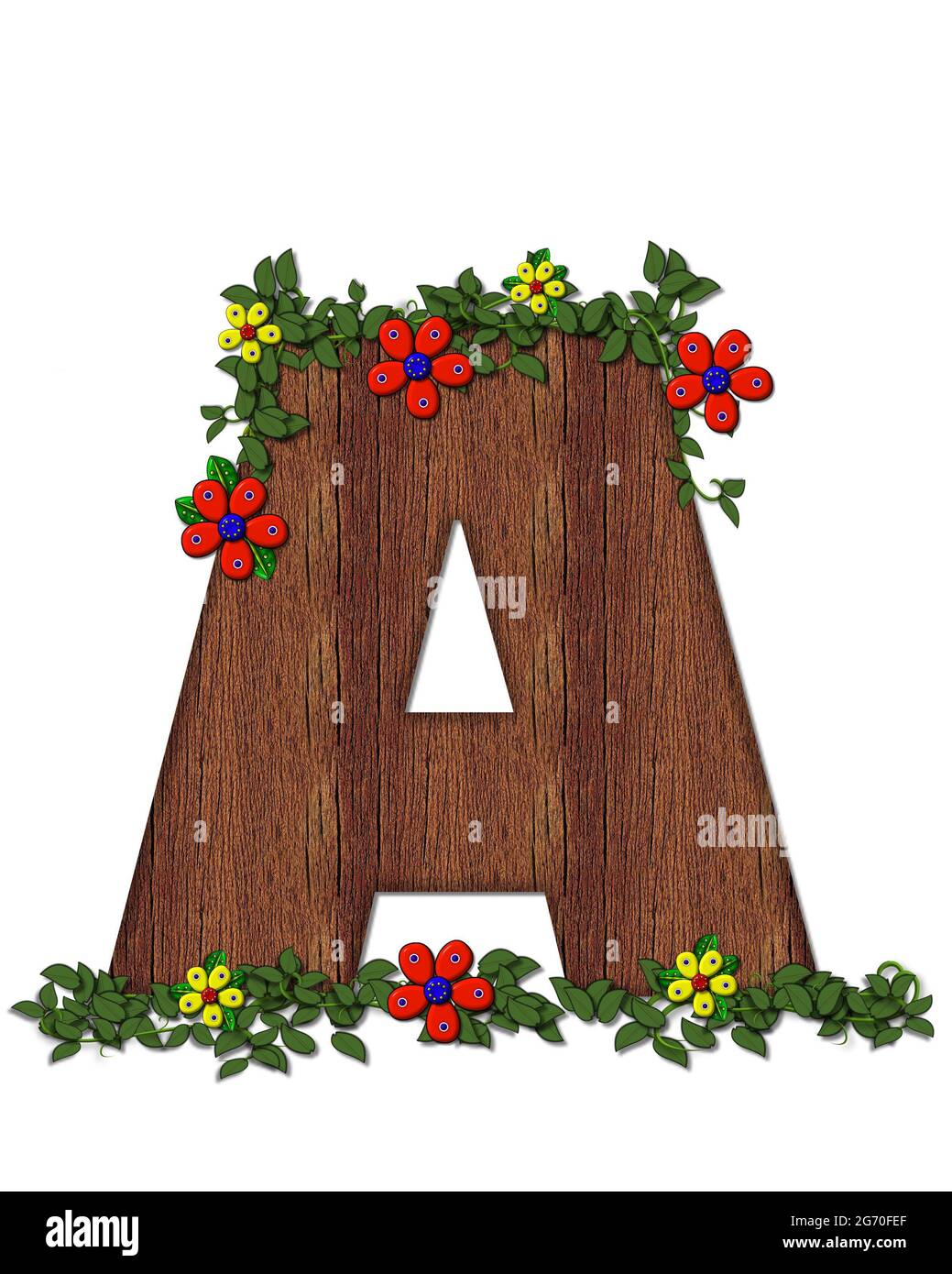 Der Buchstabe A im Alphabetsatz 'Woodsy Owl' ist mit Holztextur gefüllt. 3D-Blumen Hand auf Reben rund um Brief. Stockfoto