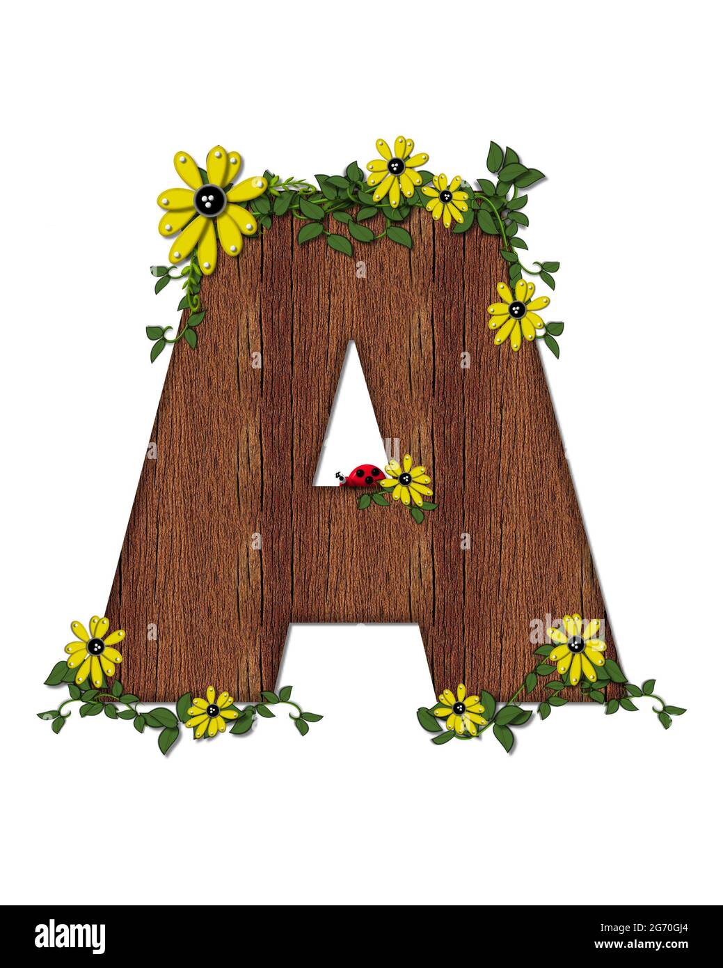 Der Buchstabe A im Alphabet-Set 'Marienkäfer und Sonnenblume' ist mit Holztextur gefüllt. Marienkäfer, Sonnenblumen und Reben schmücken Brief. Stockfoto