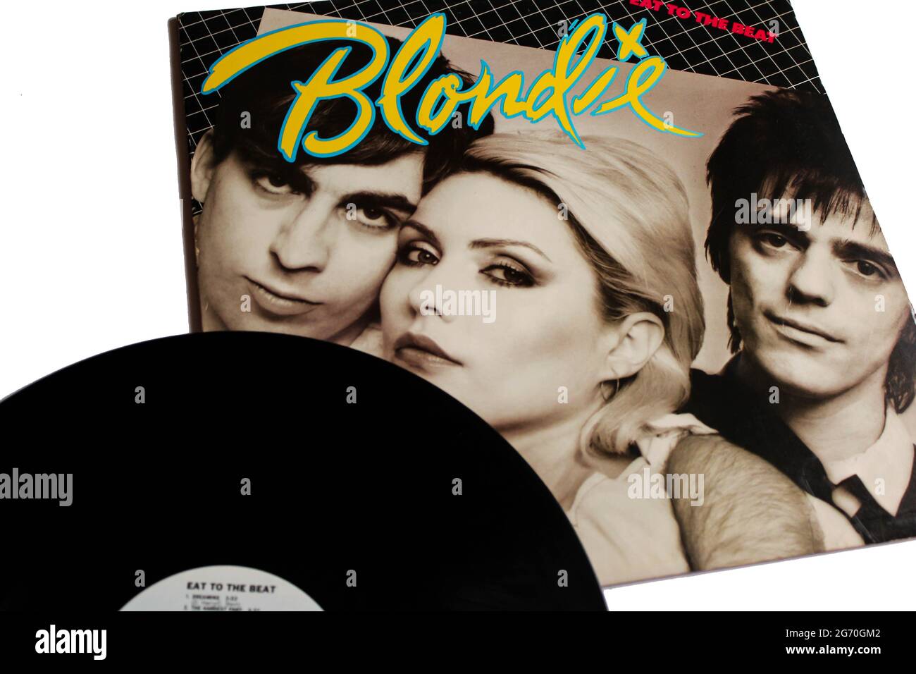 Psychedelischen Pop-Künstler, Blondie-Musikalbum auf Vinyl-LP-Disc. Titel: Eat to the Beat Albumcover Stockfoto