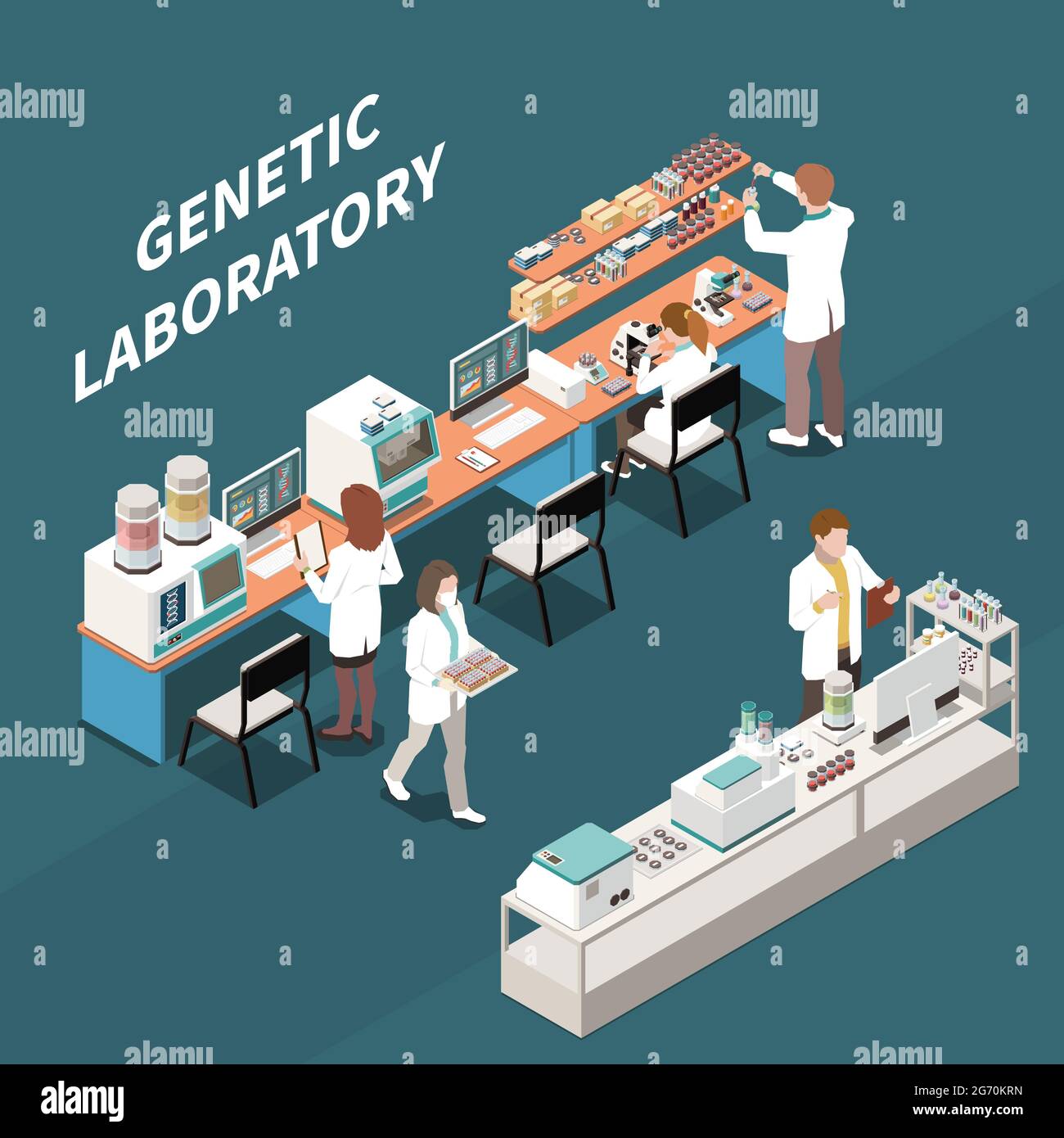 Gruppe von Wissenschaftlern, die im genetischen Labor arbeiten 3d isometrische Vektor-Illustration Stock Vektor