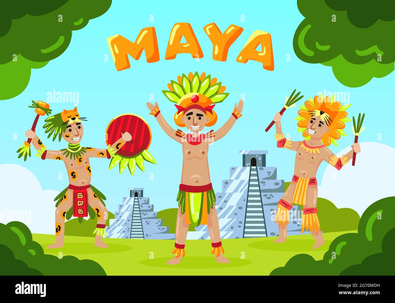 Maya Zivilisation Landschaft Komposition mit Text und Cartoon-Stil maya-Stamm Mitglieder vor Pyramiden Vektor-Illustration Stock Vektor