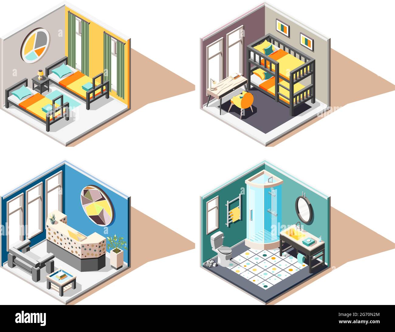 Hostel 2x2 Design-Konzept Satz Gästezimmer Bad Rezeption isometrische Innenräume Vektor-Illustration Stock Vektor