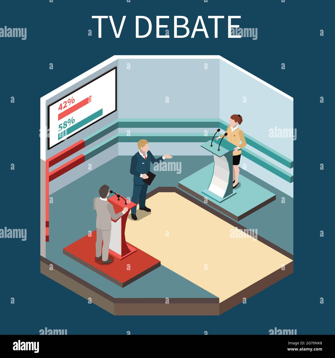 TV-Debatte isometrischer Hintergrund mit tv-Moderator zwei politische Konkurrenten an Tribünen und Bildschirm mit Rating-Vektor Illustration Stock Vektor