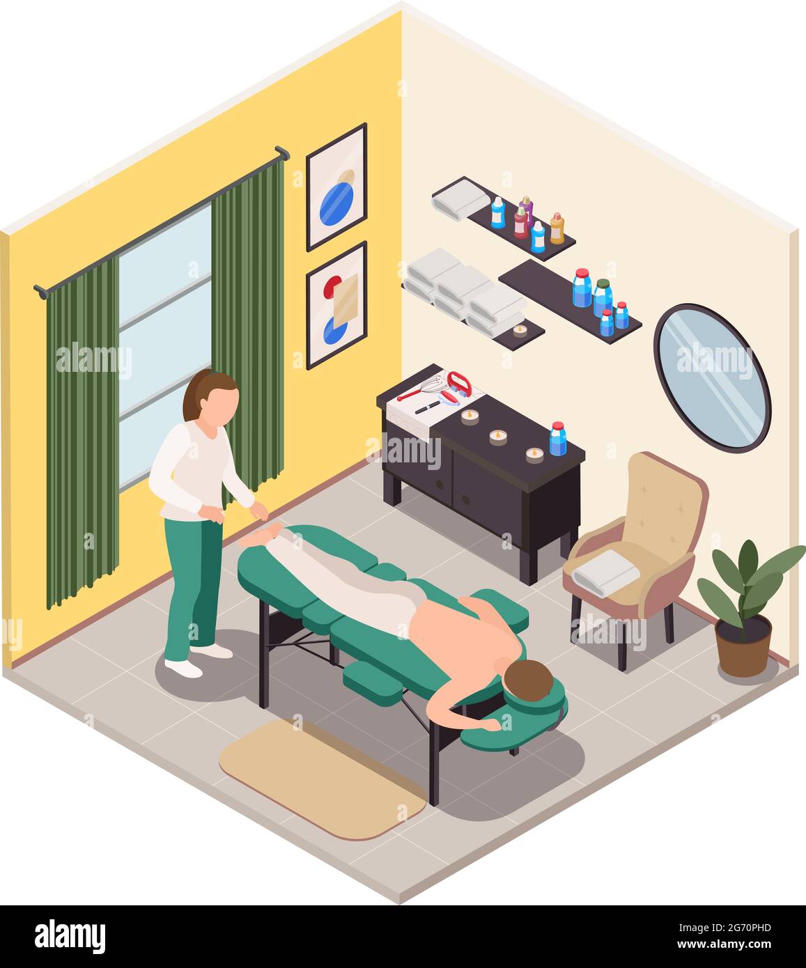 Massagetherapie isometrische Raumzusammensetzung mit Innenansicht des Wellnessraums Massage Couch Möbel und Menschen Vektor Illustration Stock Vektor