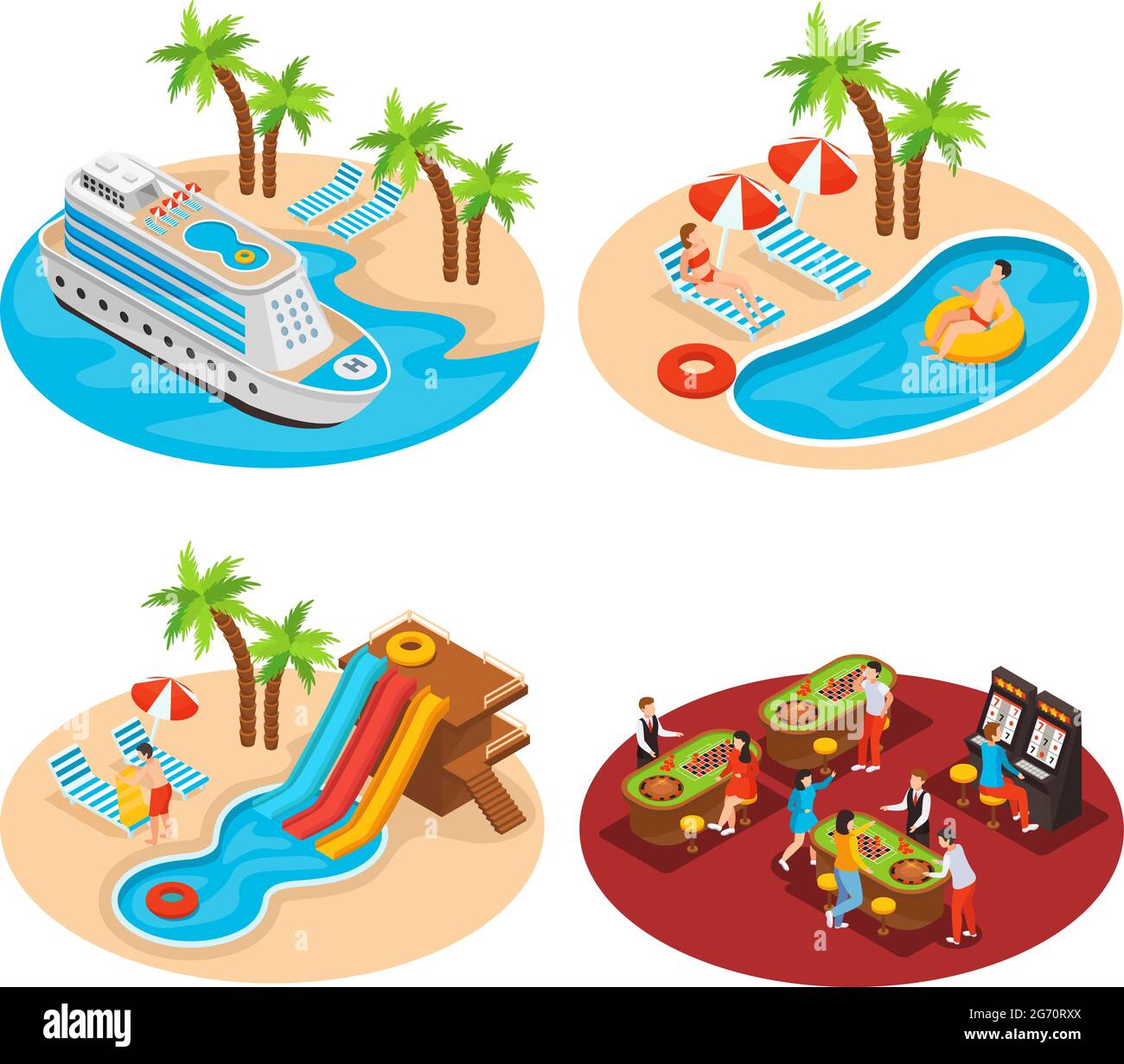 Sea Cruise 2x2 Design-Konzept Set aus vier isometrischen Kompositionen mit Liner, Südlandschaften Palmen und Schwimmbäder Vektor-Illustration Stock Vektor