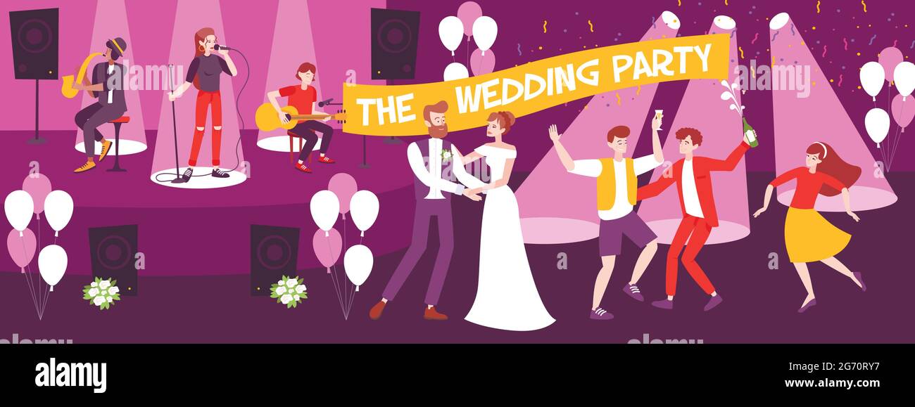 Hochzeitsfeier im Restaurant horizontal Banner mit Musikern auf der Bühne und tanzen Brautpaar und Gäste Vektor-Illustration Stock Vektor