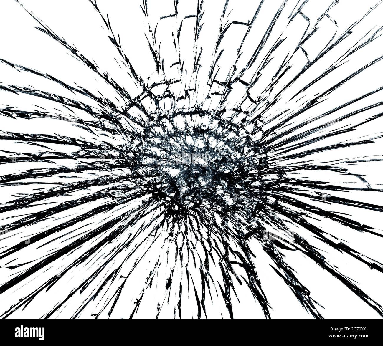 Zerbrochenes erzwungenes Glas, Nahaufnahme auf weißem Hintergrund Stockfoto