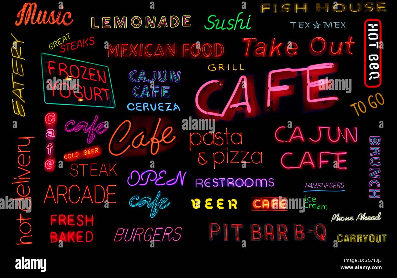 Vintage Neon Cafe Schild mit verschiedenen Arten von Essen Stockfoto