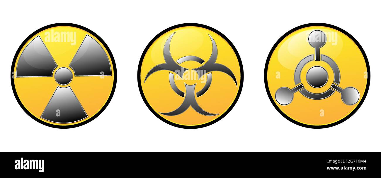 Satz von kreisförmigen Warnzeichen. Ionisierende Strahlung Zeichen, Gift, toxische Zeichen und biologische Gefahr. Vektorsymbole auf weißem Hintergrund isoliert Stock Vektor