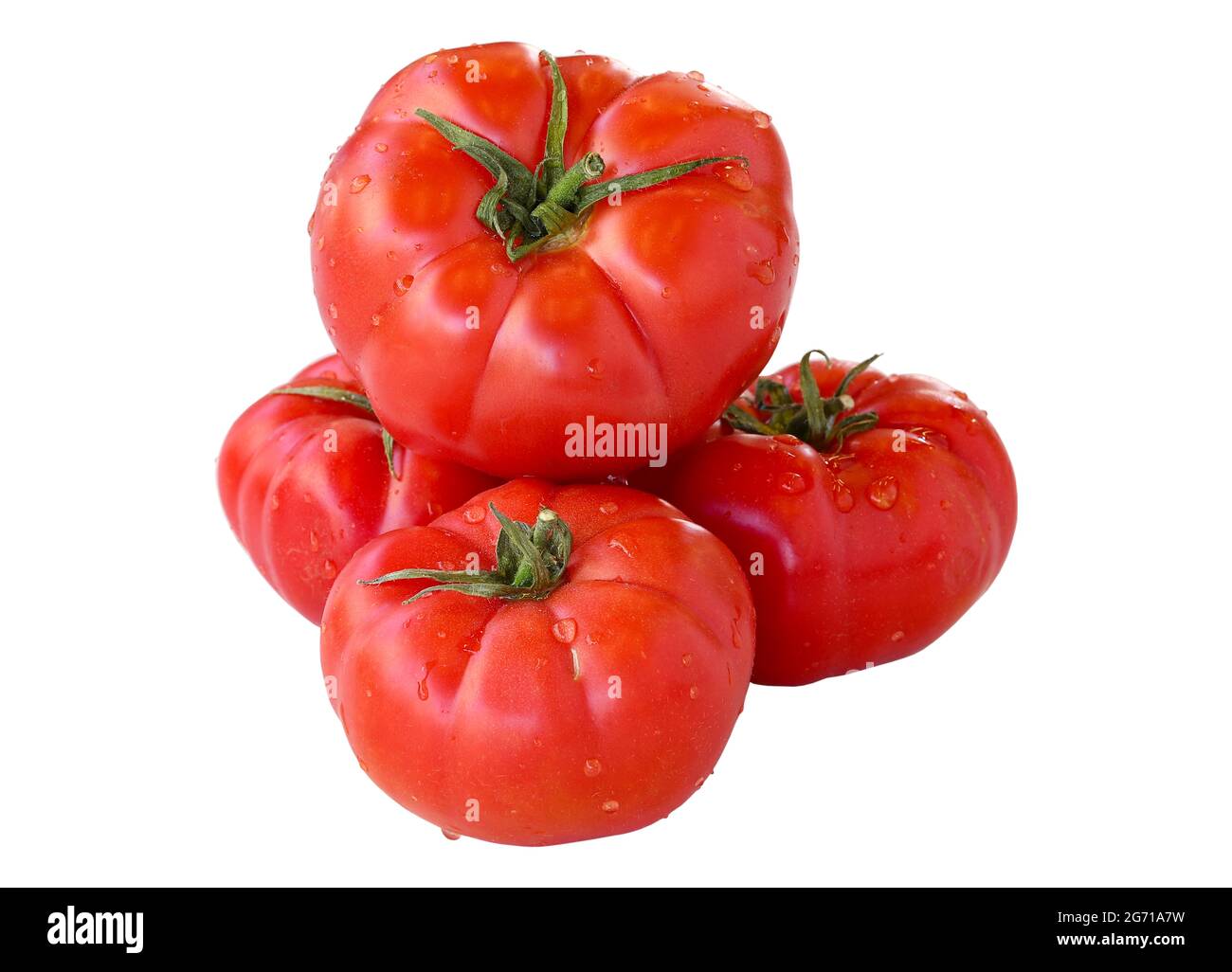 Ein paar Tomaten isoliert auf weißem Hintergrund. Tomate Clipping Path. Isolierte Tomate mit Wassertröpfchen darauf Stockfoto