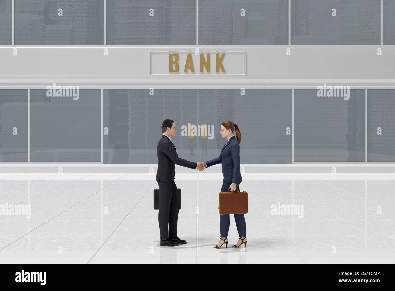 3D-Illustration. Geschäftsmann und Geschäftsfrau vor dem Bank- oder Finanzgebäude. Vertrag, Vereinbarung, Finanztransaktion. Stockfoto
