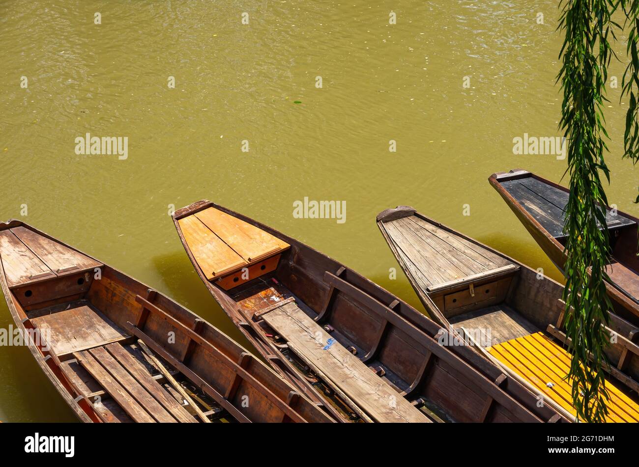 Die Stocherkähne liegen im Wasser in Strömungsrichtung entlang des Neckar, Altstadt von Tübingen, Deutschland. Stockfoto