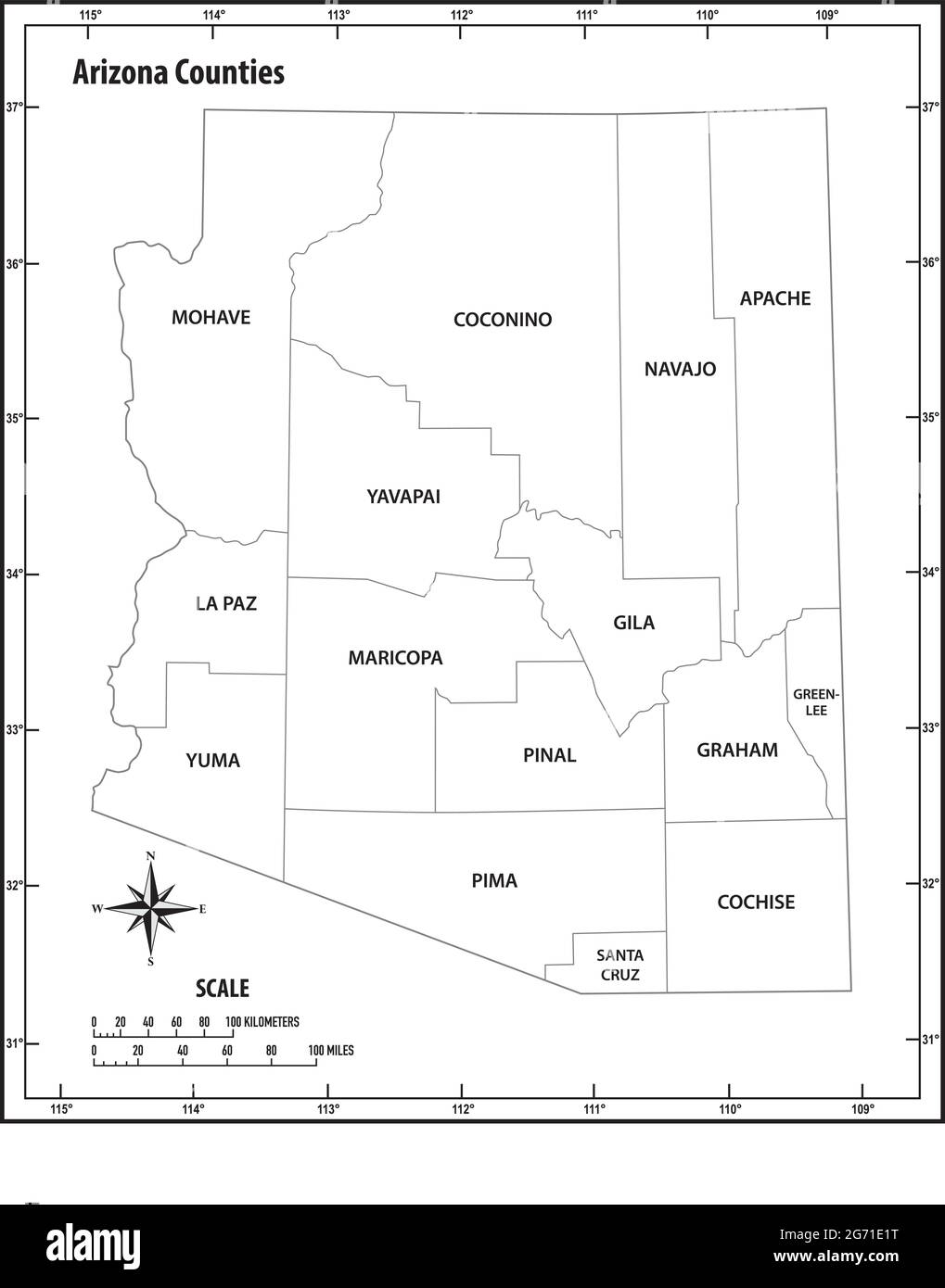 arizona State skizzieren administrative und politische Vektor-Karte in schwarz-weiß Stock Vektor