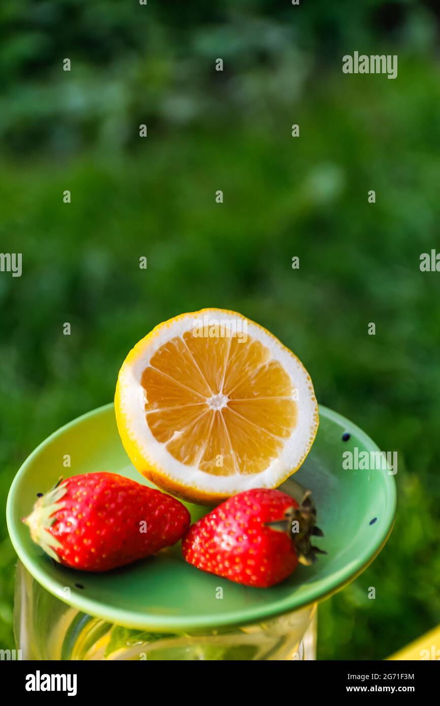 Unschärfe-Nahaufnahme-Untertasse mit Zitrone und zwei Erdbeeren stehen auf Glaskrug mit Limonade. Verschwommener Grashintergrund. Sommerfrüchte draußen, draußen. Version Stockfoto