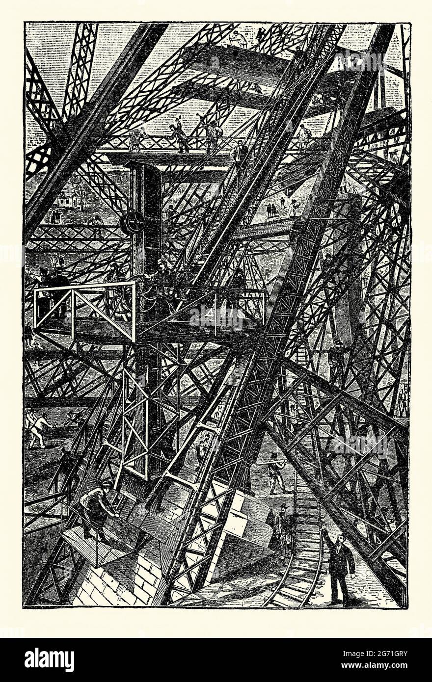 Ein alter Stich, der den Bau des Eiffelturms in Paris, Frankreich, während der frühen Phasen um 1887 zeigt. Es stammt aus einem Buch der 1890er Jahre über Entdeckungen und Erfindungen im 19. Jahrhundert. Der Eiffelturm ist ein schmiedeeiserner Gitterturm auf dem Champs de Mars, Paris, Frankreich. Es ist nach dem Ingenieur Gustave Eiffel benannt, dessen Firma den Turm gebaut hat. Die Arbeiten an den Stiftungsgründungen begannen 1887. Hier erhebt sich das Eisenwerk aus den Kalkstein- und Betonfundamenten. Vorgefertigte Eisenbauteile wurden zermahrt/vernietet - vor Ort wurden keine Bohrungen oder Formungen durchgeführt (beachten Sie die für den Transport verwendeten Schienenwege). Stockfoto