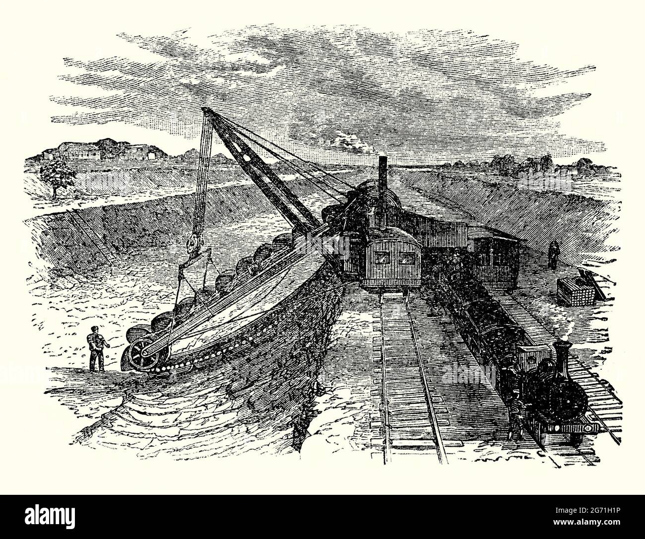 Eine alte Gravur von Dampfschaufel oder Navvy während der viktorianischen Zeit. Es stammt aus einem Buch der 1890er Jahre über Entdeckungen und Erfindungen im 19. Jahrhundert. Eine Dampfschaufel ist eine große Dampfbaggermaschine, die zum Heben und Bewegen von Material wie Gestein und Boden entwickelt wurde. Diese Version, ein ‘French Steam Navvy’, verwendet Schaufeln oder Eimer, die auf einer durchgehenden Kette montiert sind, um ein Kanalbett auszusägen und auszuschneiden. Eine Dampflokomotive mit offenen LKWs nimmt die Beute vom Gelände. Stockfoto