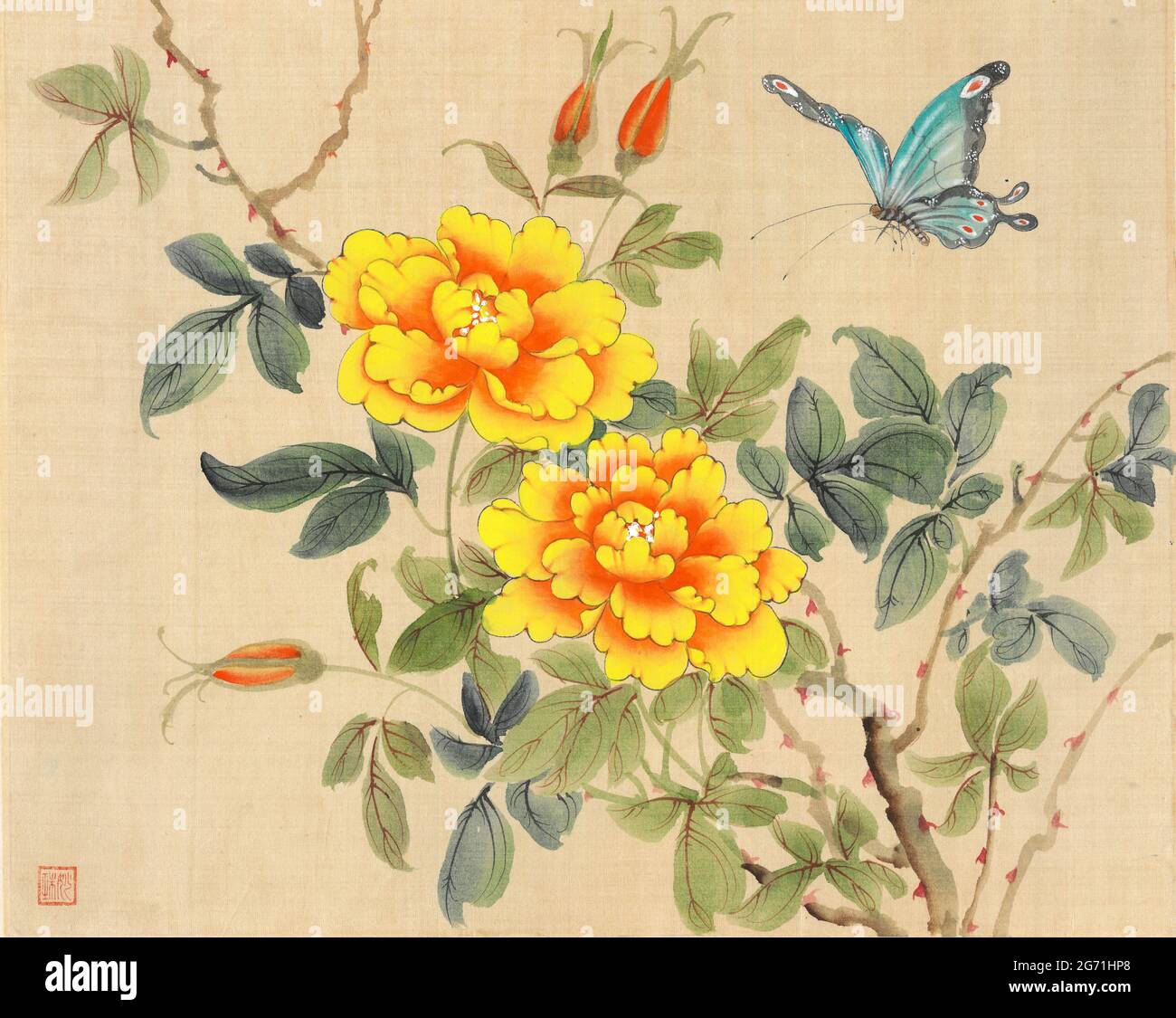 Chinesische Malerei auf Seide, gelben Blumen und blauem Schmetterling. Felsenrosen und chinesischer Pfauenschmetterling. Stockfoto