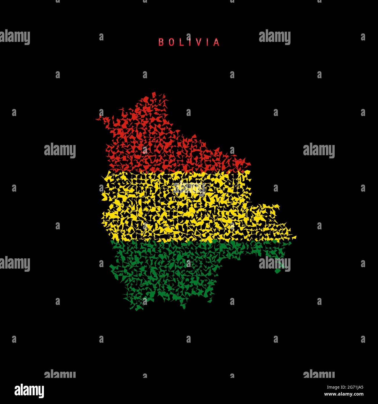Boliviens Flaggenkarte, chaotisches Partikelmuster in den Farben der bolivianischen Flagge. Vektordarstellung auf schwarzem Hintergrund isoliert. Stock Vektor