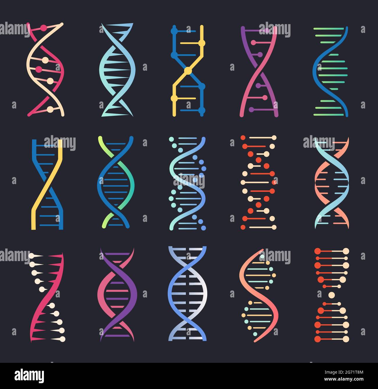DNA-Helix-Symbole. Gen Spiralmolekül-Struktur, menschlicher genetischer Code, Chromosomenkettenlogo. Genetik Wissenschaft, Biochemie Symbol Vektor-Set. Labor- oder Klinikforschung, medizinische Tests Stock Vektor
