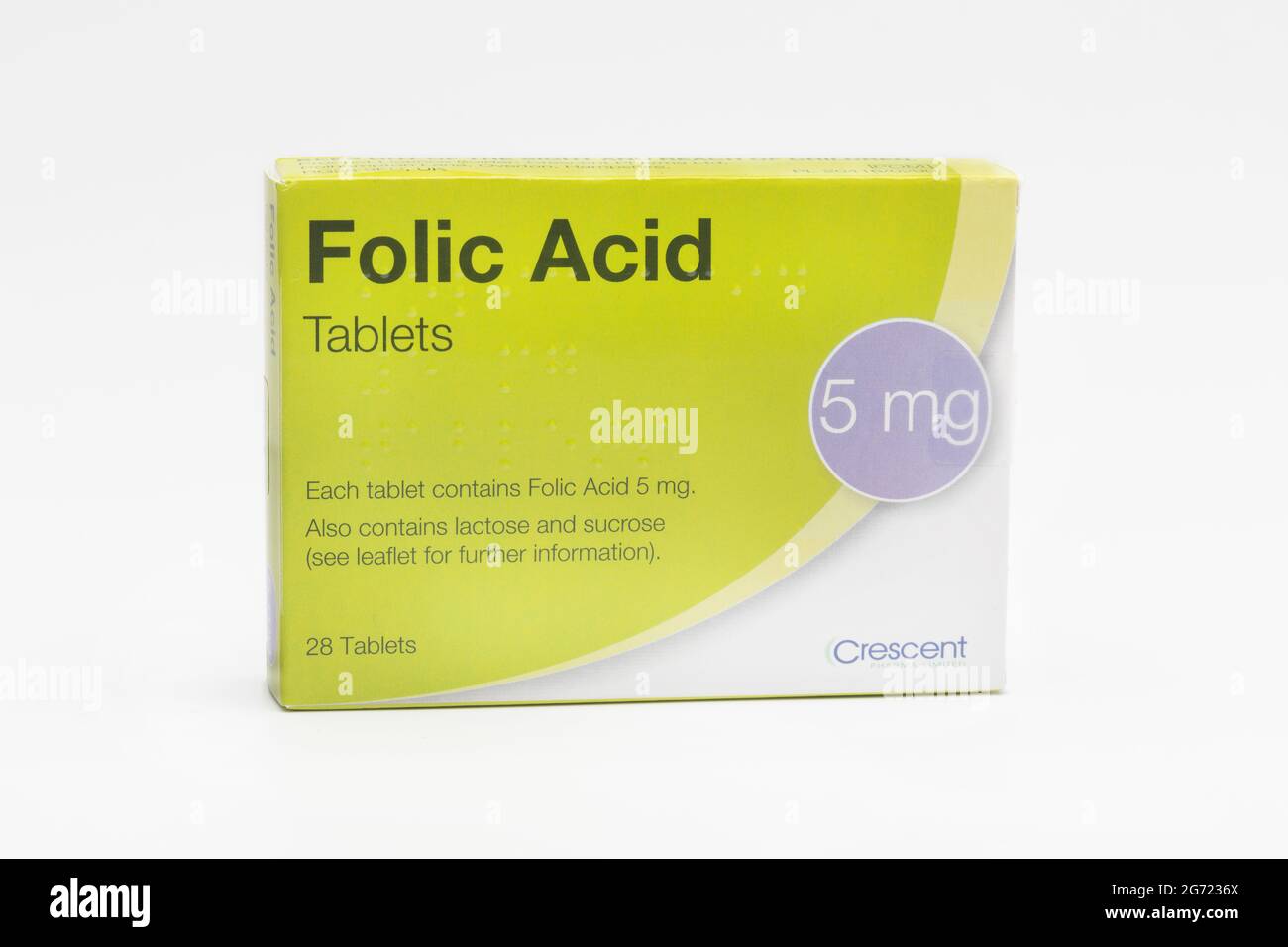 Eine Packung mit 28 5 mg Crescent Folic Acid Tabletten. Stockfoto
