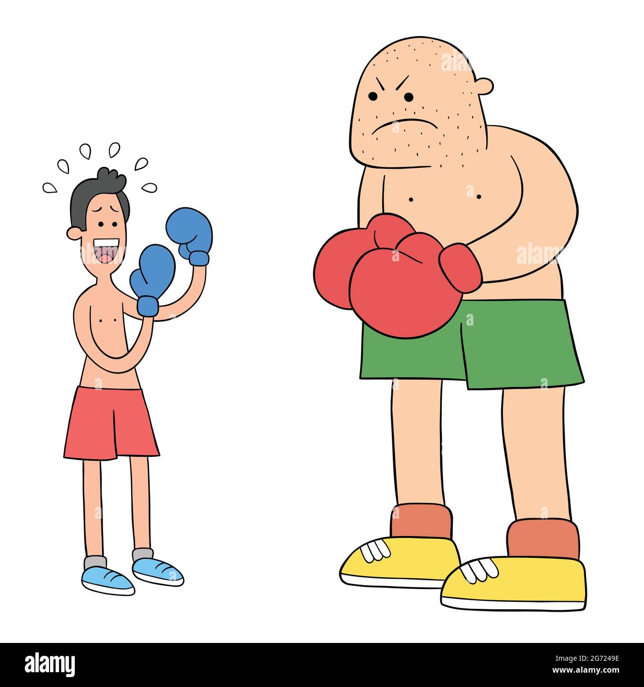 Cartoon zwei Boxer im Ring, eine schwach und ängstlich, die andere großmundig, Vektor-Illustration. Farbige und schwarze Umrisse. Stock Vektor