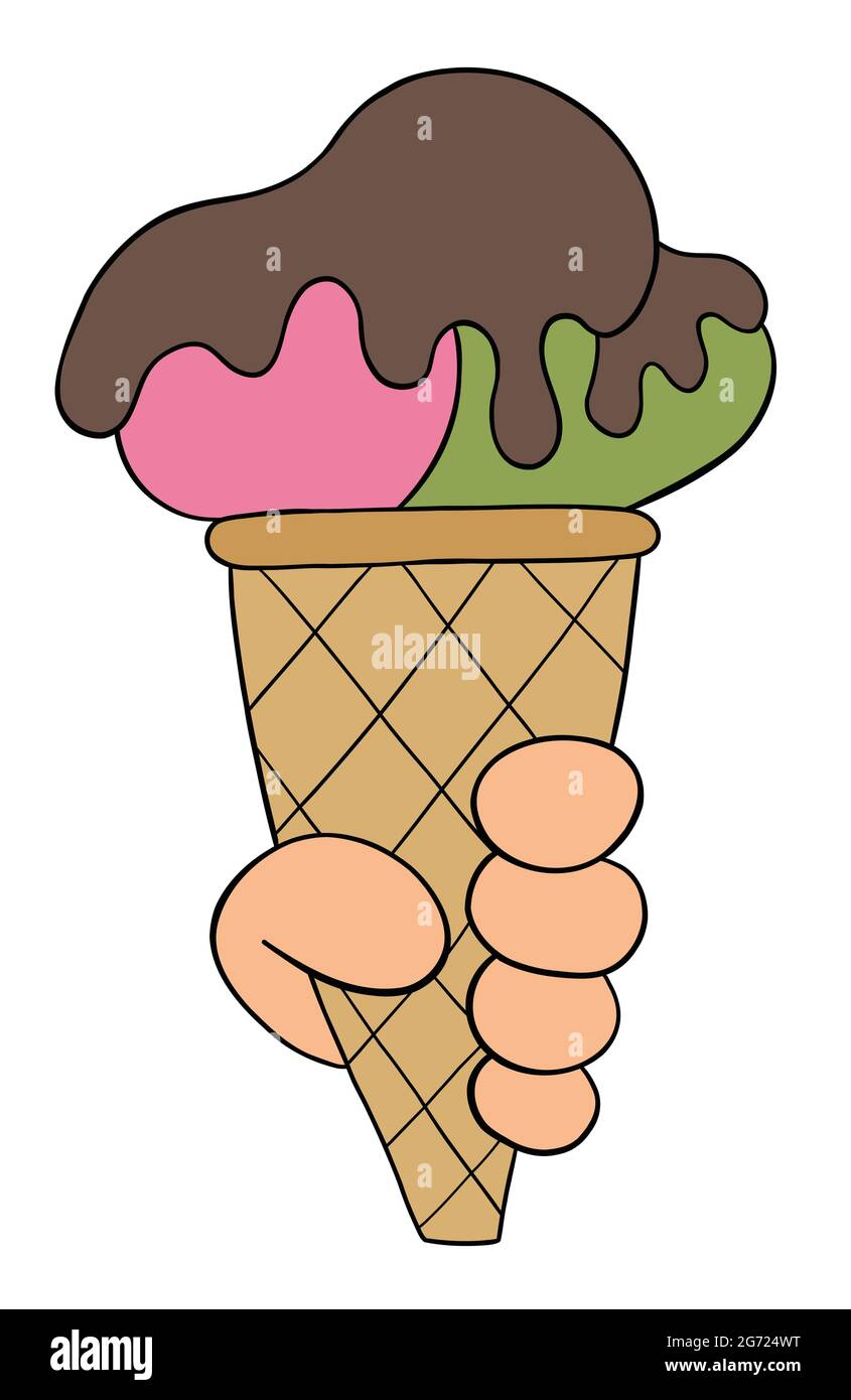 Cartoon halten Kegel, Eis und Schokoladensauce, Vektor-Illustration ...