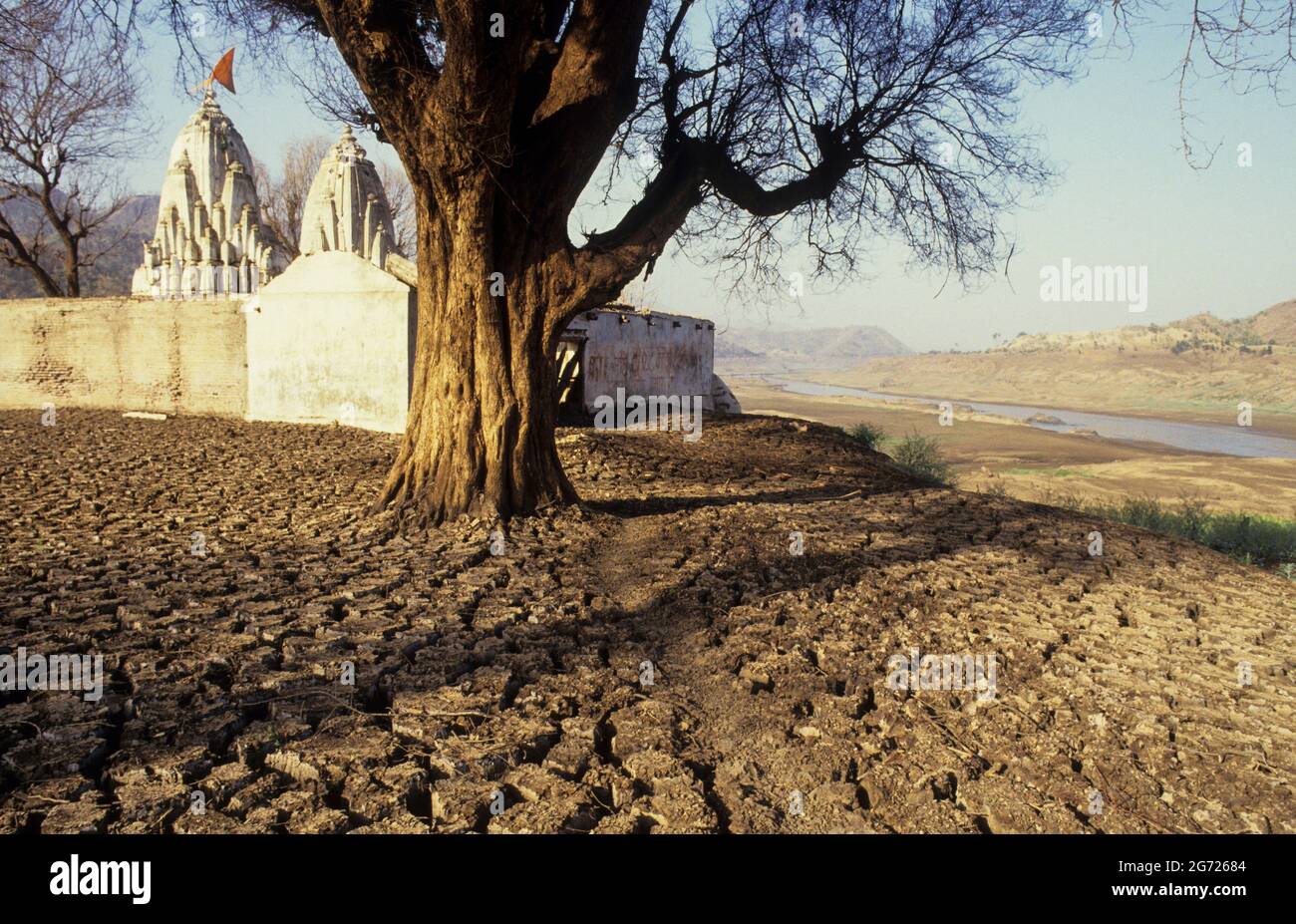 INDIEN, Staat Gujarat, Narmada Fluss und Dämme, Reservoir des Narmada Staudamms Sardar Sarovar Projekt im Stammesdorf Manibeli, untergetaucht alten Shoolpaneshwar Mahadev hindu-Tempel, blieb Schlamm nach dem ersten Eintauchen 1993, Bild aufgenommen am 1994. februar, heute ist der Tempel dauerhaft unter Wasser im Staudamm Reservoir, Der Tempel hatte einen Swayambhu Shivalinga und war ein wichtiger Ort für den Narmada Parikrama, eine heilige Wallfahrt entlang des Flusses / INDIEN, Gujerat, Narmada Fluss und Staudaemme, Stausee des Sardar Sarovar Projekt Staudamm, durch Flutung zerstoerter Hindu Tempel des Adivasi Dorf Manibeli Stockfoto