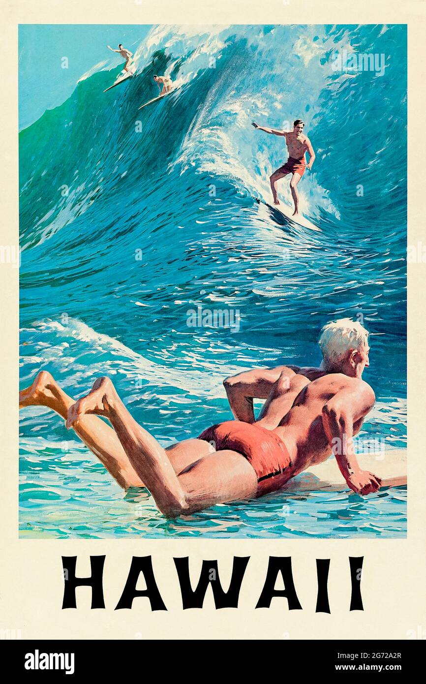 ‘Hawaii’ Tourismus-Poster aus dem Jahr 1958, das Surfer mit Kunstwerken von Chas Allen zeigt. Kredit: Privatsammlung / AF Fotografie Stockfoto
