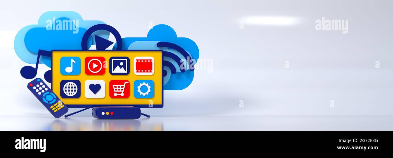 3d Concept Smart TV. TV-Box, LED-Menü-Bildschirm , Fernbedienung, überträgt Informationen über die Cloud. 3d-Illustration Stockfoto