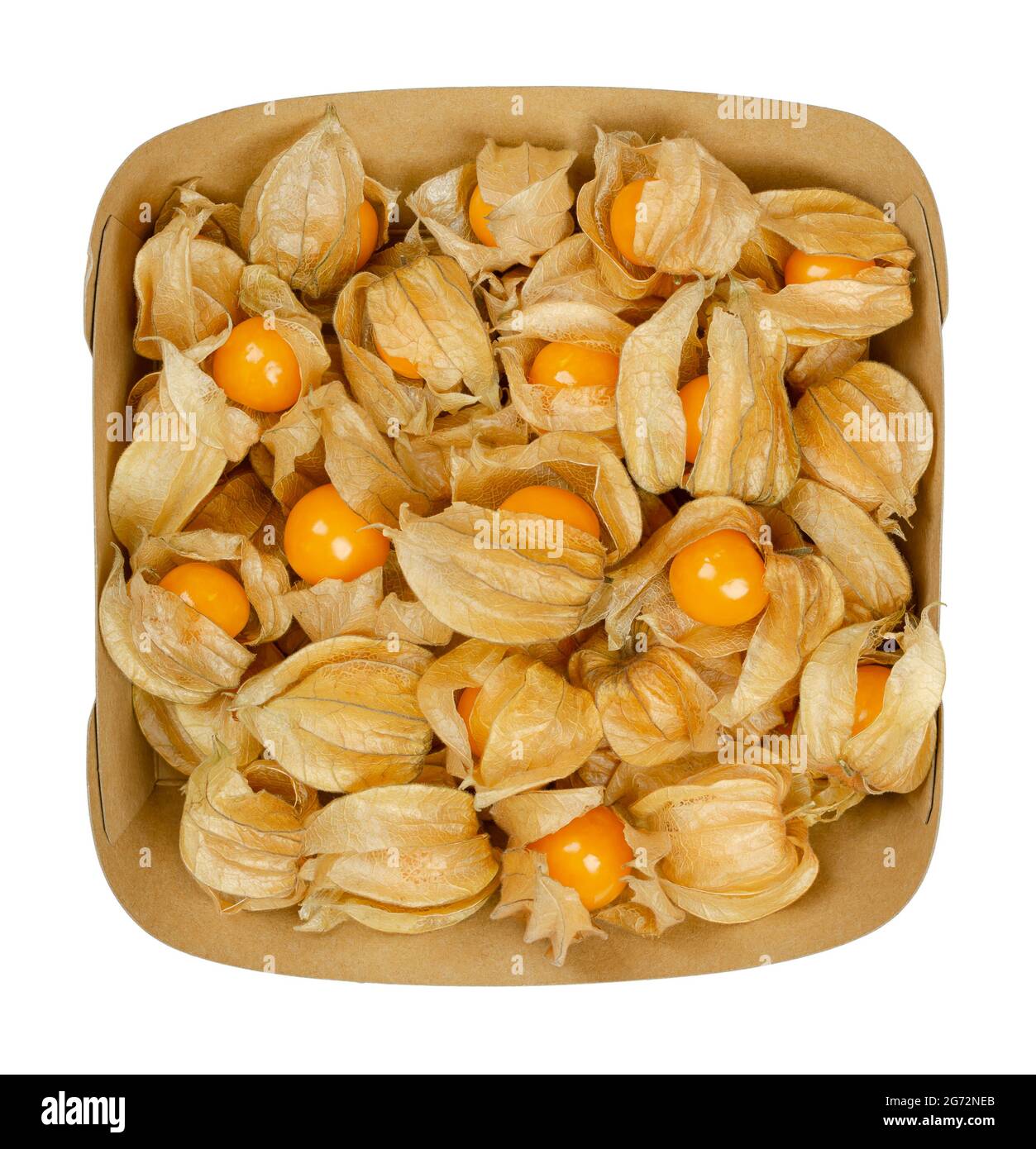 Frische Goldbeeren in ihrer Schale, in einem Papiersnacktray. Auch gemahlene Kirsche, Kap-Stachelbeere, Ukuva oder Poha, Früchte von Physalis peruviana. Stockfoto