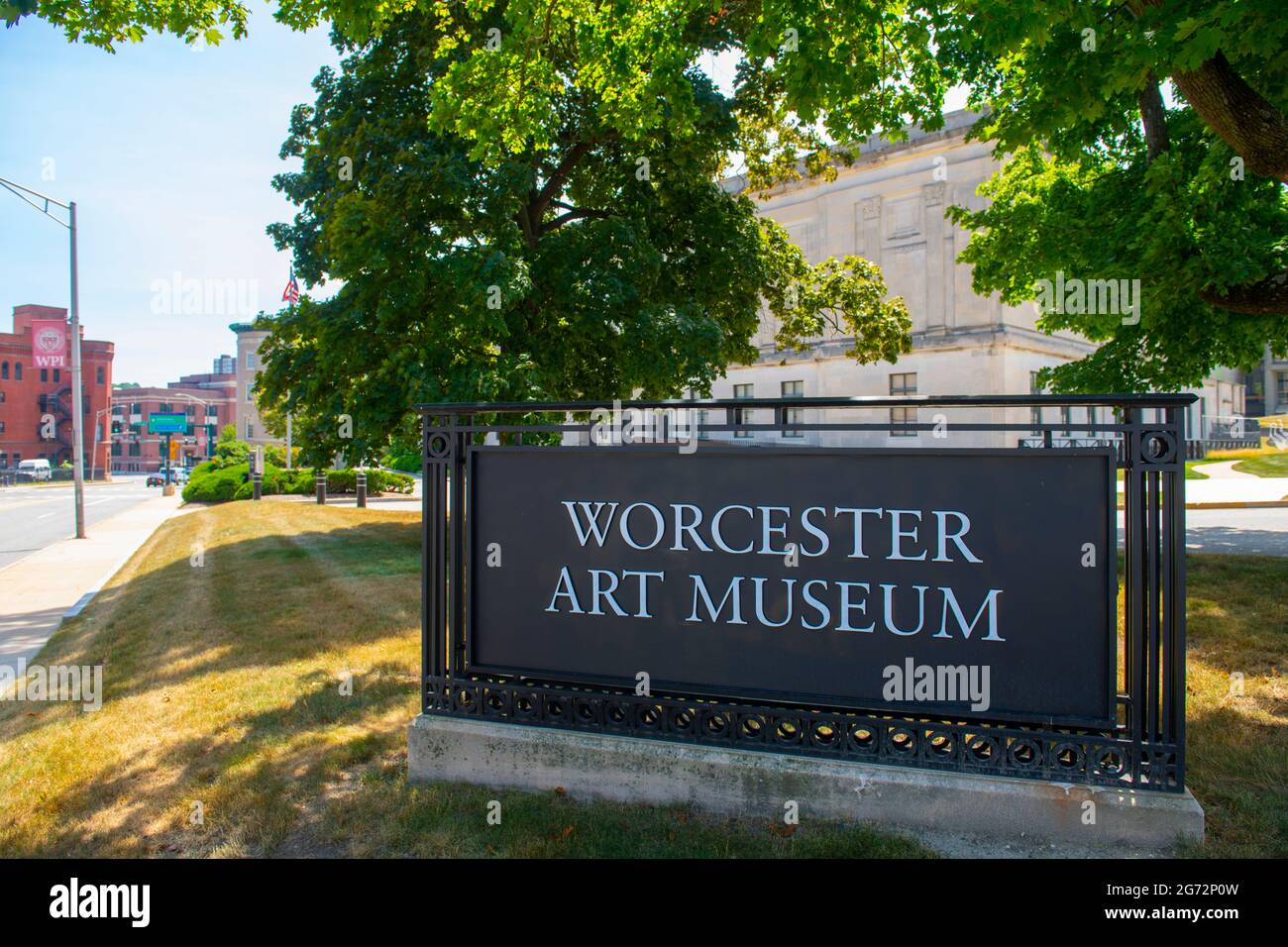 Schild des Worcester Art Museum in der Salisbury Street 55 in der historischen Innenstadt von Worcester in Massachusetts, USA. Stockfoto