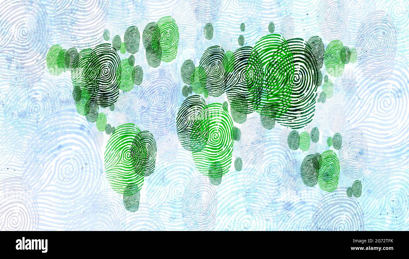 Global People Konzept als Welt oder Planet aus grünen Fingerabdrücken in einem blauen Ozean, die Vielfalt oder Erdökologie in einer 3D-Illustration darstellen. Stockfoto