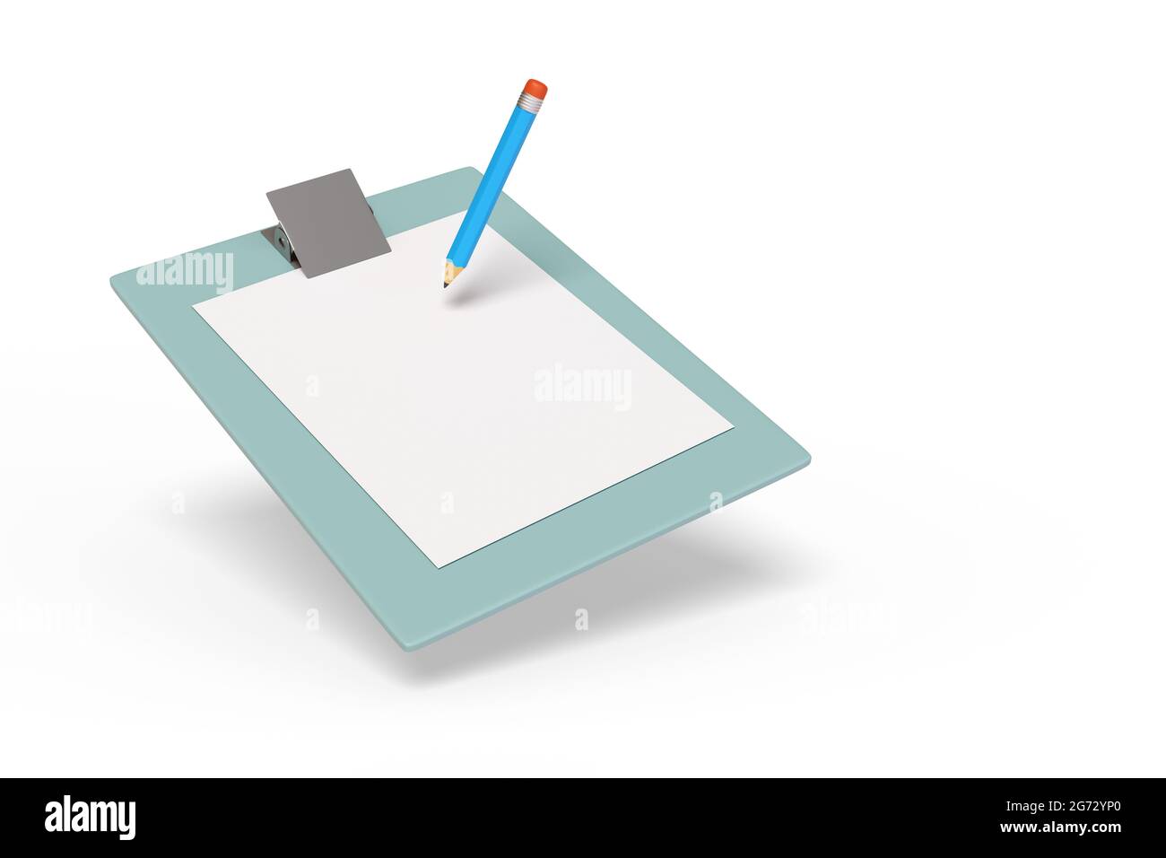 Bleistift auf einem in weißem Hintergrund isolierten Clipboard. 3d-Illustration. Stockfoto