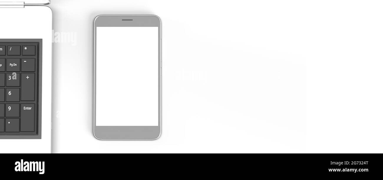 3D Mobil-Telefon- und PC-Anschluss: Online-Kommunikation auf weißem Hintergrund mit Kopierraum. Internet-Suchmaschine und -Anwendung. Remote-Arbeit Stockfoto