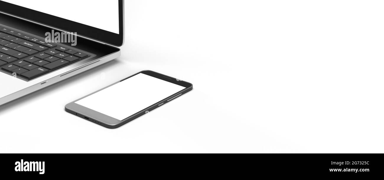 3D Mobil-Telefon- und PC-Anschluss: Online-Kommunikation auf weißem Hintergrund mit Kopierraum. Internet-Suchmaschine und -Anwendung. Remote-Arbeit Stockfoto