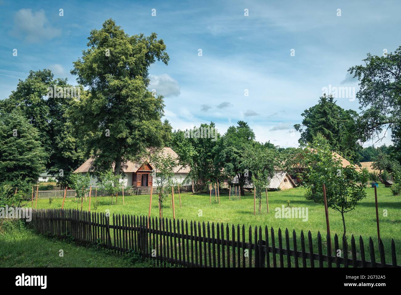 Alte Bauernhöfe und ein Hof umgeben von Bäumen in einer ländlichen Landschaft an einem schönen, sonnigen, dümmeren Tag. Zwierzyniec, Roztocze, Polen. Stockfoto