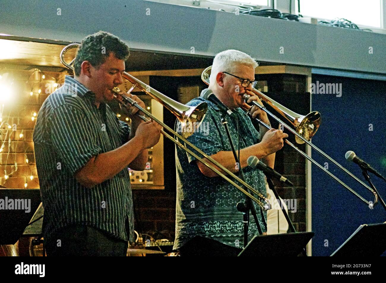 Mark Nightingale Quintet, Callum Au, Mark Nightingale, Splash Point Jazz, The Fishermans Eastbourne, Juni 2021. Stockfoto