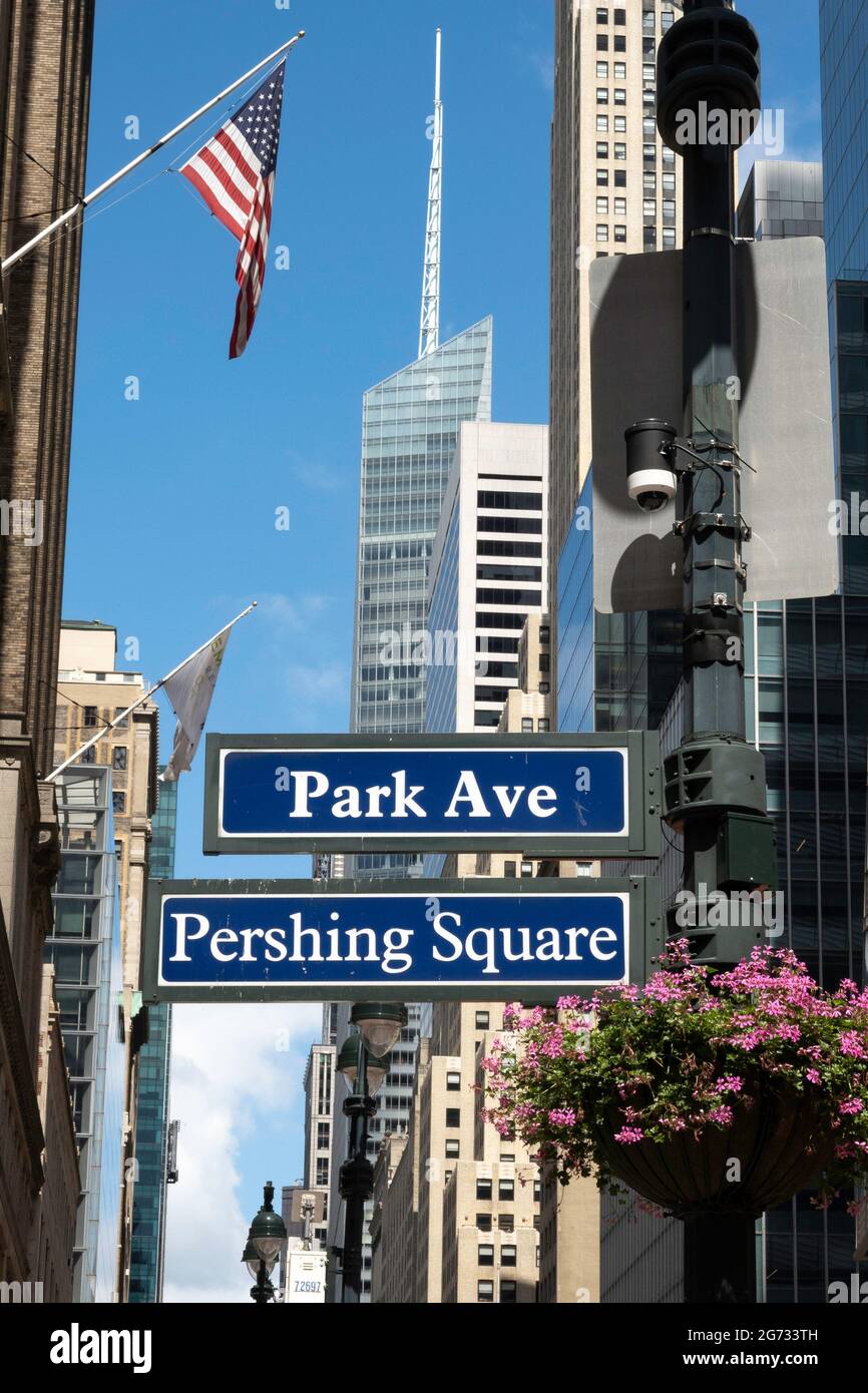 Pershing Square und Park Avenue Straßenschilder, NYC, USA Stockfoto