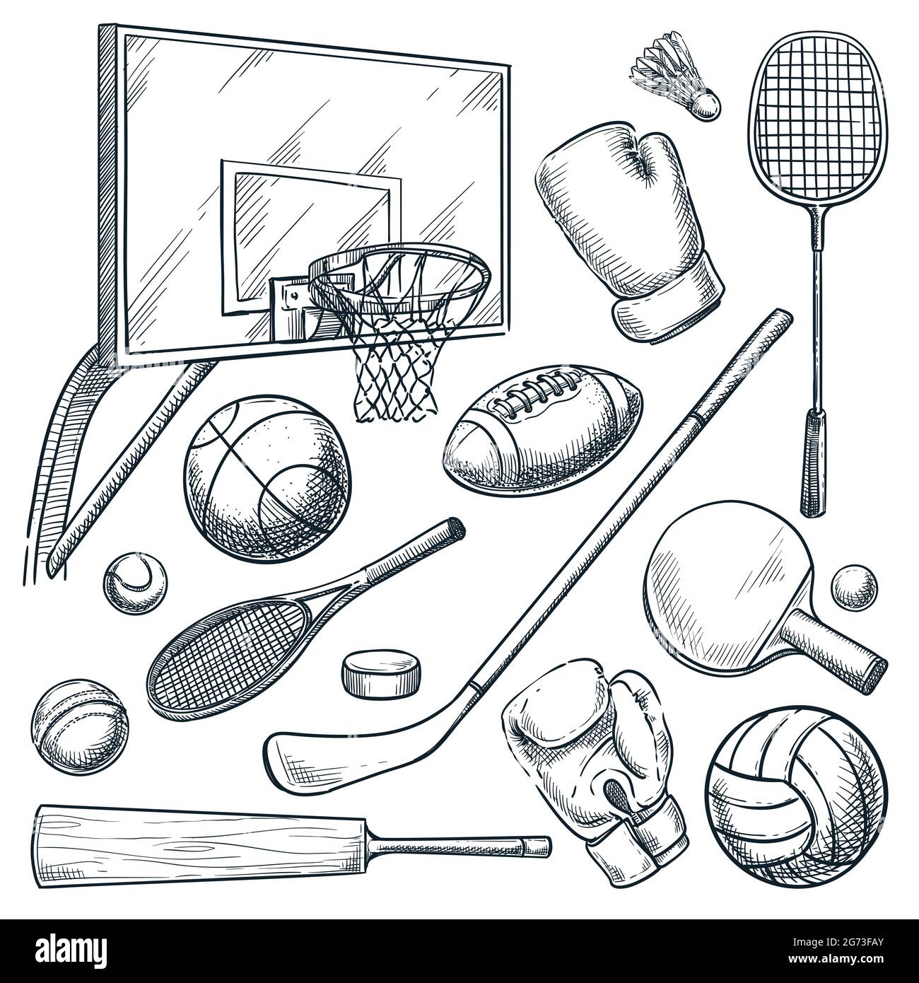 Sportgeräte-Set. Vektorgrafik handgezeichnete Skizze Illustration von Basketball, Tennis, Badminton, Boxen, Hockey, Volleyball, Cricket-Spiele. Kugeln, Schläger Stock Vektor